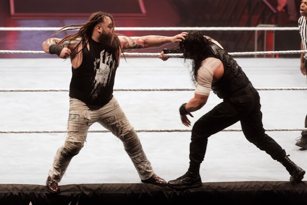 LILLE, FRANCE - MAY 09:  Roman Reigns fights against  Bray (L) during WWE Live 2017 at Zenith Arena on May 9, 2017 in Lille, France.  (Photo by Sylvain Lefevre/Getty Images)
