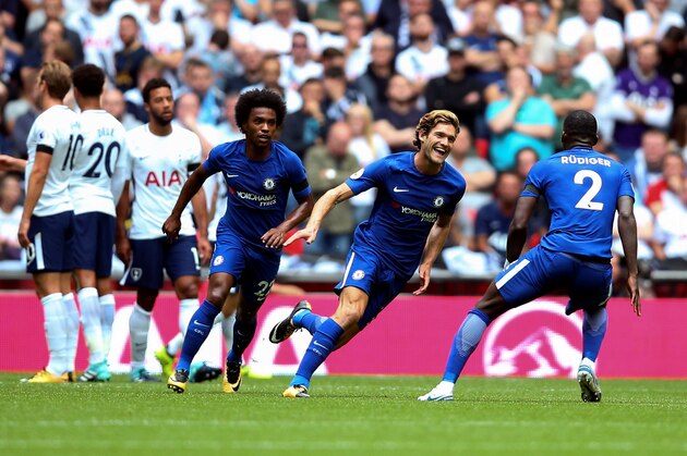 LONDON, ENGLAND - AUGUST 20: Marcos Alonso of Chelsea celebrates after he scores a goal to make it 0-1 during the Premier League match between Tottenham Hotspur and Chelsea at Wembley Stadium on August 20, 2017 in London, England. (Photo by Catherine Ivill - AMA/Getty Images)