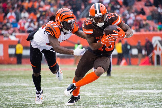 CLEVELAND, OH - DECEMBER 11: Cornerback Dre Kirkpatrick #27 of the Cincinnati Bengals tackles wide receiver Corey Coleman #19 of the Cleveland Browns during the second half at FirstEnergy Stadium on December 11, 2016 in Cleveland, Ohio. The Bengals defeated the Browns 23-10. (Photo by Jason Miller/Getty Images)
