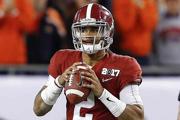 TAMPA, FL - JANUARY 09: Quarterback Jalen Hurts #2 of the Alabama Crimson Tide during the 2017 College Football Playoff National Championship Game against the Clemson Tigers at Raymond James Stadium on January 9, 2017 in Tampa, Florida. The Clemson Tigers defeated The Alabama Crimson Tide 35 to 31. (Photo by Don Juan Moore/Getty Images)