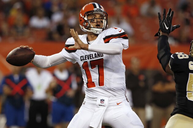 Cleveland Browns quarterback Brock Osweiler (17) throws against the New Orleans Saints during the first half of an NFL preseason football game, Thursday, Aug. 10, 2017, in Cleveland. (AP Photo/Ron Schwane)