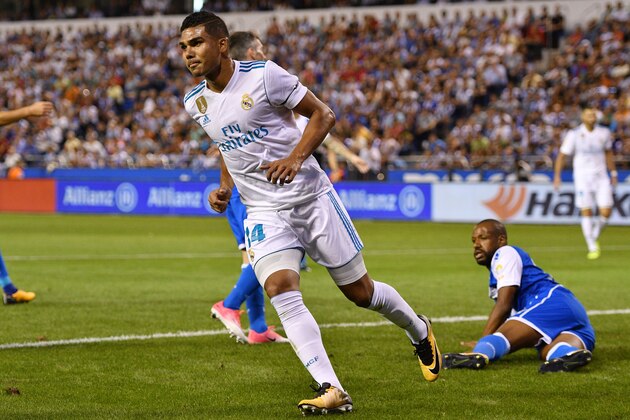 LA CORUNA, SPAIN - AUGUST 20: Casemiro of Real Madrid celebrates after scoring the second goal during the La Liga match between Deportivo La Coruna and Real Madrid at Riazor Stadium on August 20, 2017 in La Coruna, Spain. (Photo by Octavio Passos/Getty Images)