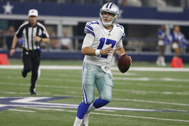 Dallas Cowboys quarterback Kellen Moore (17) prepares to throw against the Indianapolis Colts during the first half of a preseason NFL football game, Saturday, Aug. 19, 2017, in Arlington, Texas. (AP Photo/Michael Ainsworth) Dallas Cowboys quarterback Kellen Moore (17) prepares to throw against the Indianapolis Colts during the first half of a preseason NFL football game, Saturday, Aug. 19, 2017, in Arlington, Texas. (AP Photo/Michael Ainsworth)