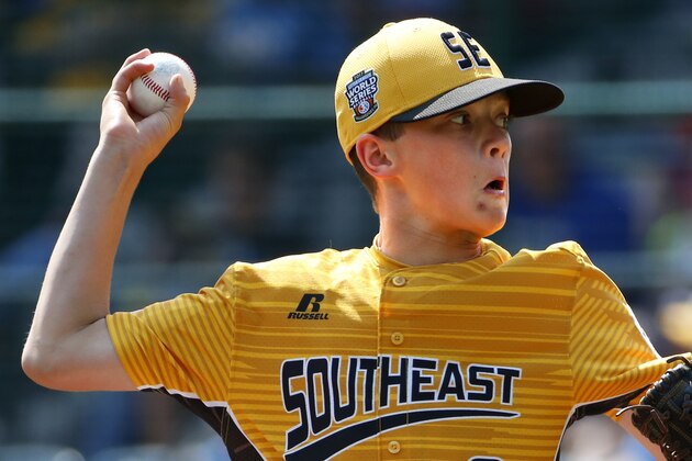 Greenville, N.C., pitcher Chase Anderson delivers in the second inning of a baseball game against Rancho Santa Margarita, Calif., in United States pool play at the Little League World Series tournament in South Williamsport, Pa., Sunday, Aug. 20, 2017. North Carolina won 16-0. (AP Photo/Gene J. Puskar)