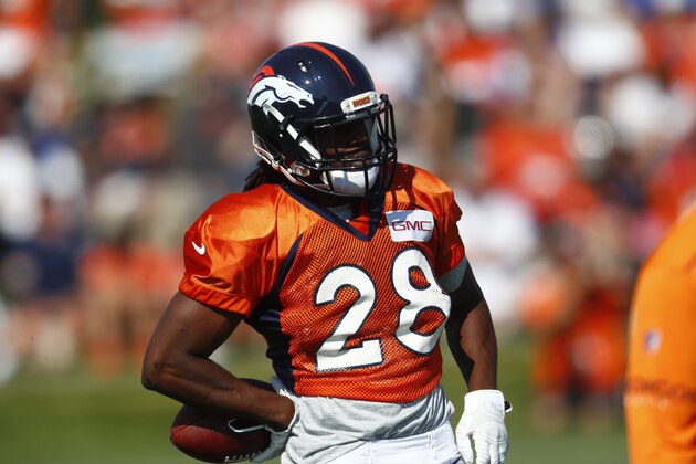 Denver Broncos running back Jamaal Charles (28) during drills at an NFL football camp Wednesday, Aug. 2, 2017, in Englewood, Colo. (AP Photo/David Zalubowski)