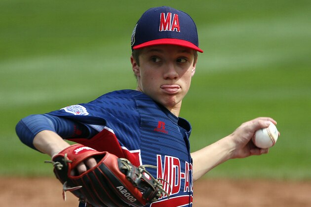 Jackson, N.J. pitcher Tai Mann delivers in the first inning of an elimination baseball game against Grosse Pointe, Mich., in United States pool play at the Little League World Series tournament in South Williamsport, Pa., Saturday, Aug. 19, 2017. New Jersey won 15-5. (AP Photo/Gene J. Puskar)