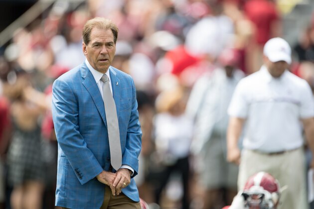 TUSCALOOSA, AL - APRIL 22: Head coach Nick Saban of the Alabama Crimson Tide watches his team warm up at Bryant-Denny Stadium on April 22, 2017 in Tuscaloosa, Alabama. (Photo by Michael Chang/Getty Images)