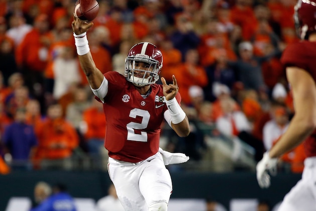 Jan 9, 2017; Tampa, FL, USA; Alabama Crimson Tide quarterback Jalen Hurts (2) throws the ball against the Clemson Tigers during the second quarter in the 2017 College Football Playoff National Championship Game at Raymond James Stadium. Mandatory Credit: Kim Klement-USA TODAY Sports