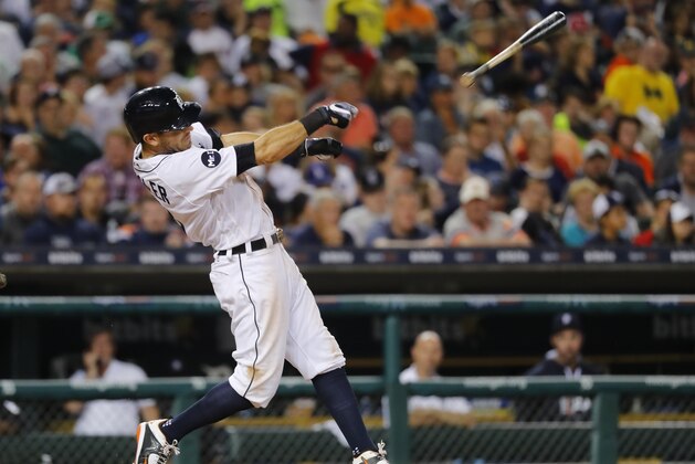 Detroit Tigers' Ian Kinsler loses his grip on his bat as it flies into the stands against the Los Angeles Dodgers in the sixth inning of a baseball game in Detroit, Friday, Aug. 18, 2017. (AP Photo/Paul Sancya) Detroit Tigers' Ian Kinsler loses his grip on his bat as it flies into the stands against the Los Angeles Dodgers in the sixth inning of a baseball game in Detroit, Friday, Aug. 18, 2017. (AP Photo/Paul Sancya)