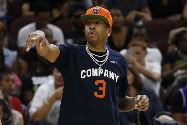 3's Company coach Allen Iverson signals to his team during a game against Tri State during in the BIG3 Basketball League in Philadelphia, Pa., Sunday, July 16, 2017. (AP Photo/Rich Schultz)