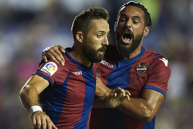 VALENCIA, SPAIN - AUGUST 21:  Jose Luis Morales (L) of Levante celebrates with Ivan Lopez Alvarez of Levante after scoring a goal during the La Liga match between Levante and Villarreal at Ciutat de Valencia on August 21, 2017 in Valencia, .  (Photo by fotopress/Getty Images)