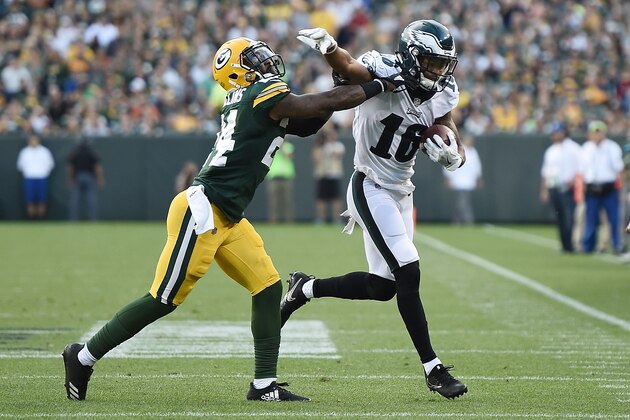 GREEN BAY, WI - AUGUST 10:  Bryce Treggs #16 of the Philadelphia Eagles works against Quinten Rollins #24 of the Green Bay Packers during a preseason game at Lambeau Field on August 10, 2017 in Green Bay, Wisconsin.  The Packers defeated the Eagles 24-9.  (Photo by Stacy Revere/Getty Images)