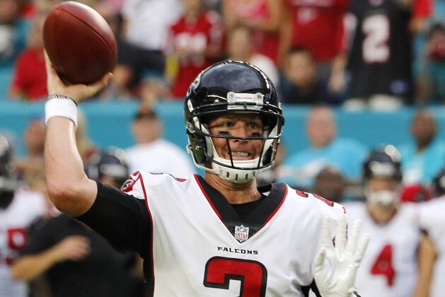 MIAMI GARDENS, FL - AUGUST 10:  Matt Ryan #2 of the Atlanta Falcons throws against the Miami Dolphins during a preseason game at Hard Rock Stadium on August 10, 2017 in Miami Gardens, Florida.  (Photo by Joe Skipper/Getty Images)