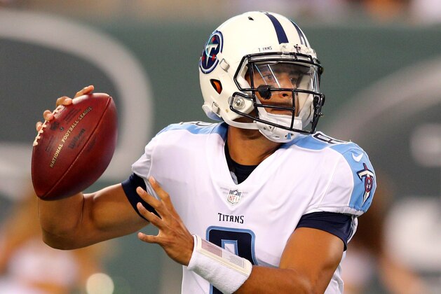 Aug 12, 2017; East Rutherford, NJ, USA; Tennessee Titans quarterback Marcus Mariota (8) in action against the New York Jets during a preseason game at MetLife Stadium. Mandatory Credit: Brad Penner-USA TODAY Sports