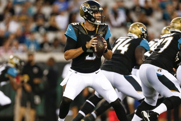 JACKSONVILLE, FL - AUGUST 17: Quarterback Blake Bortles #5 of the Jacksonville Jaguars on a pass play during the game against the Tampa Bay Buccaneers at EverBank Field on August 17, 2017 in Jacksonville, Florida. The Buccaneers defeated the Jaguars 12 to 8. (Photo by Don Juan Moore/Getty Images)