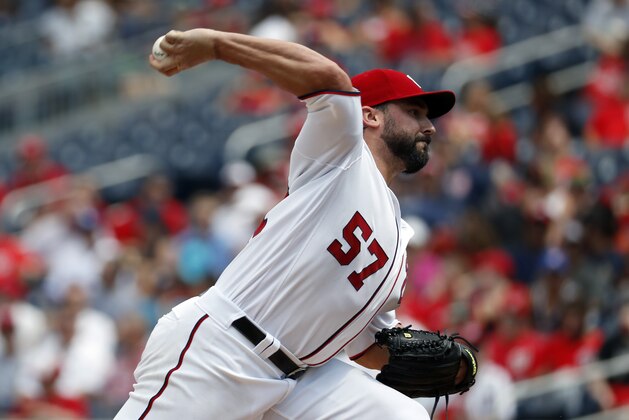 Washington Nationals starting pitcher Tanner Roark throws during an interleague baseball against the Los Angeles Angels game at Nationals Park Wednesday, Aug. 16, 2017, in Washington. (AP Photo/Alex Brandon)