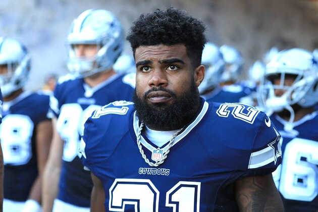LOS ANGELES, CA - AUGUST 12:  Ezekiel Elliott #21 of the Dallas Cowboys is seen during the preseason game against the Los Angeles Rams at the Los Angeles Memorial Coliseum on August 12, 2017 in Los Angeles, California.  (Photo by Sean M. Haffey/Getty Images)