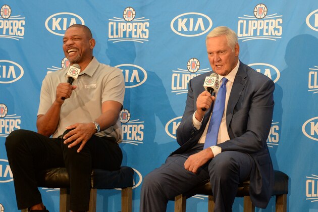 PLAYA VISTA, CA- JUNE 19:  Head Coach Doc Rivers of the Los Angeles Clippers name Jerry West as Special Consultant at a press conference in Playa Vista, California.  NOTE TO USER: User expressly acknowledges and agrees that, by downloading and or using this photograph, User is consenting to the terms and conditions of the Getty Images License Agreement. Mandatory Copyright Notice: Copyright 2016 NBAE  (Photo by Andrew D. Bernstein/NBAE via Getty Images)