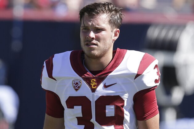 Southern California place kicker Matt Boermeester (39) during the second half of an NCAA college football game against Arizona, Saturday, Oct. 15, 2016, in Tucson, Ariz. Southern California defeated Arizona 48-14. (AP Photo/Rick Scuteri)