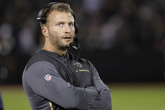 Los Angeles Rams coach Sean McVay watches from the sideline during the second half of the team's NFL preseason football game against the Oakland Raiders in Oakland, Calif., Saturday, Aug. 19, 2017. (AP Photo/Rich Pedroncelli)