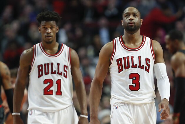 Chicago Bulls guard Dwyane Wade (3) and forward Jimmy Butler (21) walk on the court during the second half of an NBA basketball game against the Atlanta Hawks, Wednesday, Jan. 25, 2017, in Chicago. The Hawks won 119-114. (AP Photo/Kamil Krzaczynski) Chicago Bulls guard Dwyane Wade (3) and forward Jimmy Butler (21) walk on the court during the second half of an NBA basketball game against the Atlanta Hawks, Wednesday, Jan. 25, 2017, in Chicago. The Hawks won 119-114. (AP Photo/Kamil Krzaczynski)