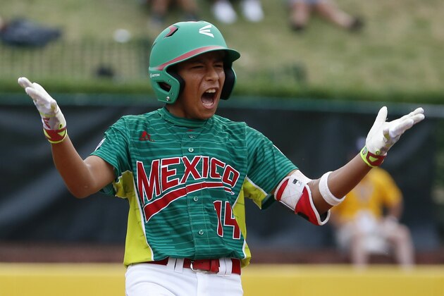 Reynosa, Mexico's Cesar Monjaraz celebrates as he stands on second base after driving in a run with a double off Maracaibo, Venezuela pitcher Jonney Rosario in the second inning of an International elimination baseball game at the Little League World Series tournament in South Williamsport, Pa., Tuesday, Aug. 22, 2017. Mexico won 8-0.(AP Photo/Gene J. Puskar)