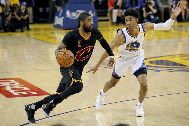 OAKLAND, CA - JUNE 12:  Kyrie Irving #2 of the Cleveland Cavaliers drives to the basket against the Golden State Warriors in Game Five of the 2017 NBA Finals on June 12, 2017 at ORACLE Arena in Oakland, California. NOTE TO USER: User expressly acknowledges and agrees that, by downloading and or using this photograph, user is consenting to the terms and conditions of Getty Images License Agreement. Mandatory Copyright Notice: Copyright 2017 NBAE (Photo by Bruce Yeung/NBAE via Getty Images)
