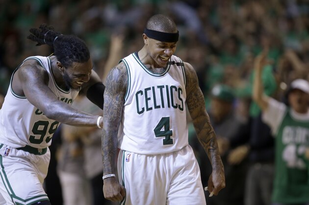 Boston Celtics guard Isaiah Thomas (4) celebrates his basket with Jae Crowder, left, during the fourth quarter of Game 7 of a second-round NBA basketball playoff series against the Washington Wizards, Monday, May 15, 2017, in Boston. (AP Photo/Charles Krupa)