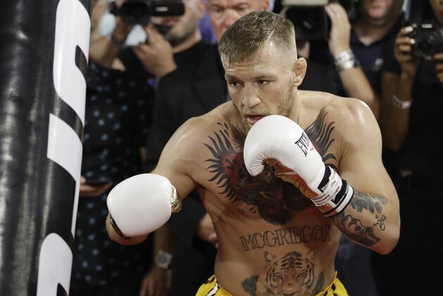 Conor McGregor trains during a media workout Friday, Aug. 11, 2017, in Las Vegas. McGregor is scheduled to fight Floyd Mayweather Jr. in a boxing match Aug. 26 in Las Vegas. (AP Photo/John Locher)