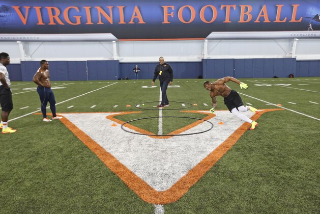 Former Virginia defensive end, Eli Harold, right, participates in a timing drill during the NFL pro day at the University of Virginia in Charlottesville, Va., Monday, March 2, 2015. (AP Photo/Steve Helber)
