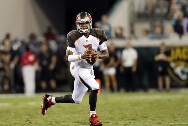 Tampa Bay Buccaneers quarterback Jameis Winston (3) scrambles for yardage against the Jacksonville Jaguars during the first half of an NFL preseason football game, Thursday, Aug. 17, 2017, in Jacksonville, Fla. (AP Photo/Stephen B. Morton)
