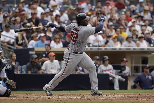 Minnesota Twins' Miguel Sano hits a home run during the sixth inning of a baseball game against the San Diego Padres Wednesday, Aug. 2, 2017, in San Diego. (AP Photo/Gregory Bull)