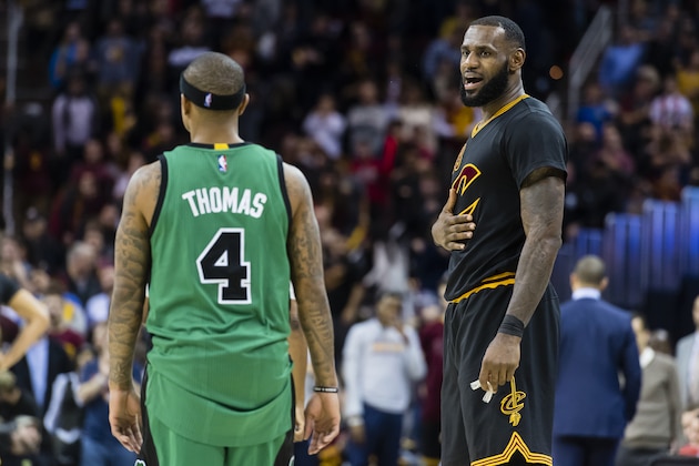 CLEVELAND, OH - DECEMBER 29: Isaiah Thomas #4 of the Boston Celtics talks to LeBron James #23 of the Cleveland Cavaliers during the second half at Quicken Loans Arena on December 29, 2016 in Cleveland, Ohio. The Cavaliers defeated the Celtics 124-118. NOTE TO USER: User expressly acknowledges and agrees that, by downloading and/or using this photograph, user is consenting to the terms and conditions of the Getty Images License Agreement. Mandatory copyright notice. (Photo by Jason Miller/Getty Images)