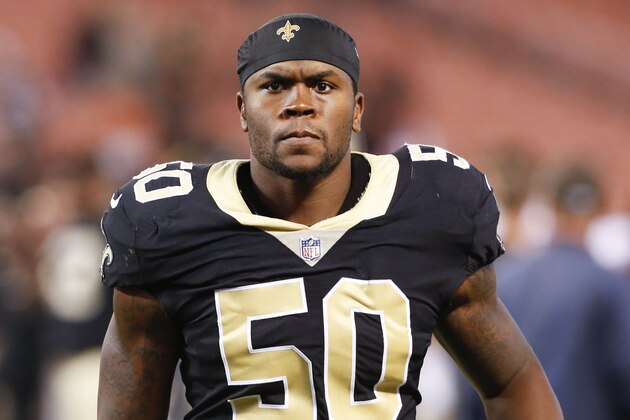 New Orleans Saints outside linebacker Stephone Anthony (50) leaves the field after an NFL preseason football game against the Cleveland Browns, Thursday, Aug. 10, 2017, in Cleveland. (AP Photo/Ron Schwane)