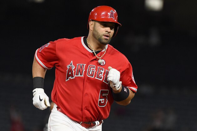 ANAHEIM, CA - AUGUST 22:  Albert Pujols #5 of the Los Angeles Angels of Anaheim runs the bases after hitting a three-run home run in the seventh inning against the Texas Rangers at Angel Stadium of Anaheim on August 22, 2017 in Anaheim, California.  (Photo by Lisa Blumenfeld/Getty Images)