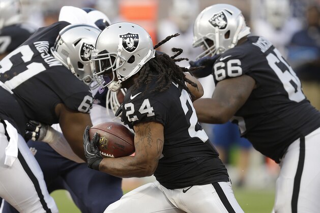 Oakland Raiders running back Marshawn Lynch (24) runs against the Los Angeles Rams during the first half of an NFL preseason football game in Oakland, Saturday, Aug. 19, 2017. (AP Photo/Ben Margot) Oakland Raiders running back Marshawn Lynch (24) runs against the Los Angeles Rams during the first half of an NFL preseason football game in Oakland, Saturday, Aug. 19, 2017. (AP Photo/Ben Margot)