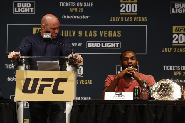 NEW YORK, NY - APRIL 27:  Jon Jones speaks at a press conference with UFC president Dana White at a media availability for UFC 200 at Madison Square Garden on April 27, 2016 in New York City. (Photo by Jeff Zelevansky/Getty Images)