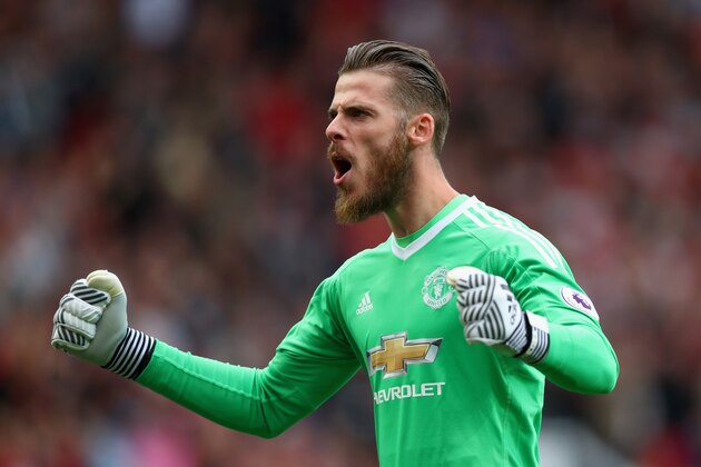 MANCHESTER, ENGLAND - AUGUST 13:  David De Gea of Manchester United celebrates his sides second goal during the Premier League match between Manchester United and West Ham United at Old Trafford on August 13, 2017 in Manchester, England.  (Photo by Dan Istitene/Getty Images)
