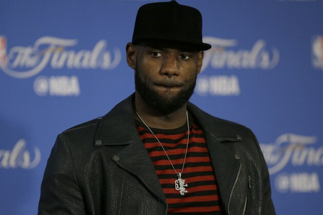 Cleveland Cavaliers forward LeBron James speaks at a news conference after Game 5 of basketball's NBA Finals between the Golden State Warriors and the Cavaliers in Oakland, Calif., Monday, June 12, 2017. The Warriors won 129-120 to win the NBA championship. (AP Photo/Ben Margot)