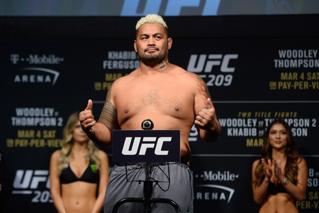Mar 3, 2017; Las Vegas, NV, USA; Mark Hunt weighs in for his bout against  Alistair Overeem (not pictured) during weigh ins for UFC 209 at T-Mobile Arena. Mandatory Credit: Joe Camporeale-USA TODAY Sports