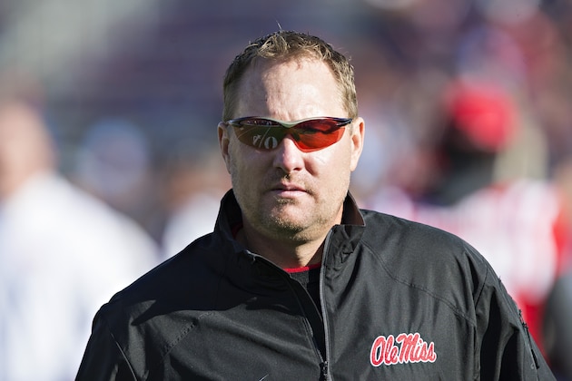 OXFORD, MS - NOVEMBER 26:  Head Coach Hugh Freeze of the Mississippi Rebels watches his team warm up before a game against the Mississippi State Bulldogs at Vaught-Hemingway Stadium on November 26, 2016 in Oxford, Mississippi.  The Bulldogs defeated the Rebels 55-20.  (Photo by Wesley Hitt/Getty Images)
