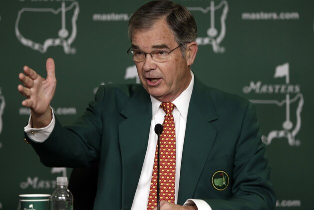 Billy Payne, chairman of Augusta National Golf Club, speaks during a media conference before the Masters golf tournament Wednesday, April 10, 2013, in Augusta, Ga. (AP Photo/Morry Gash)
