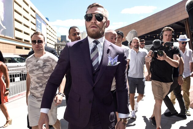 LAS VEGAS, NV - AUGUST 22:    UFC lightweight champion Conor McGregor arrives at the Toshiba Plaza outside T-Mobile Arena ahead of their fight on August 22, 2017 in Las Vegas, Nevada. (Photo by Brandon Magnus/Zuffa LLC/Zuffa LLC via Getty Images)