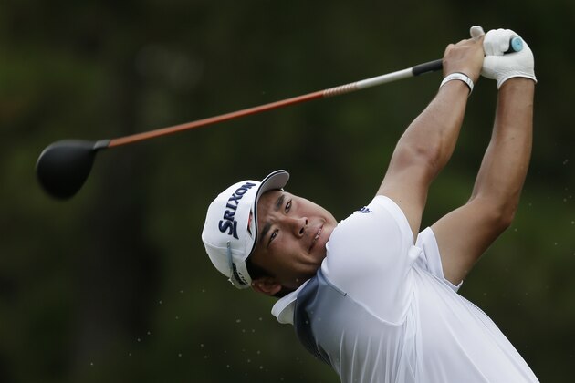 Hideki Matsuyama of Japan, watches his tee shot on the third hole during the final round of the PGA Championship golf tournament at the Quail Hollow Club Sunday, Aug. 13, 2017, in Charlotte, N.C. (AP Photo/Chuck Burton)