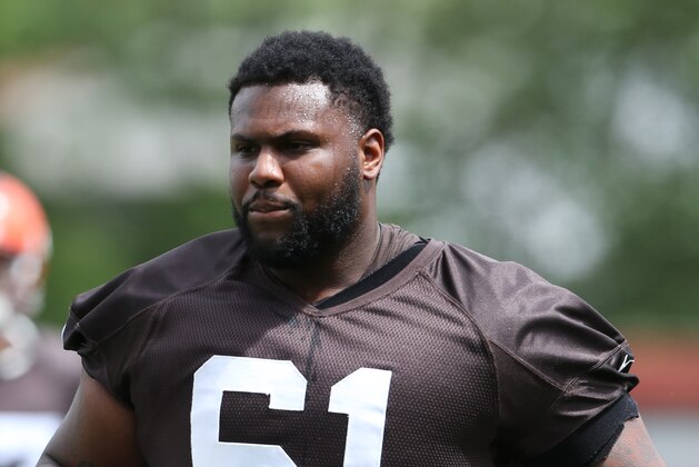 Cleveland Browns tackle Michael Bowie (61) during NFL football mini camp at the practice facility Tuesday, June 7, 2016, in Berea, Ohio. (AP Photo/Ron Schwane)