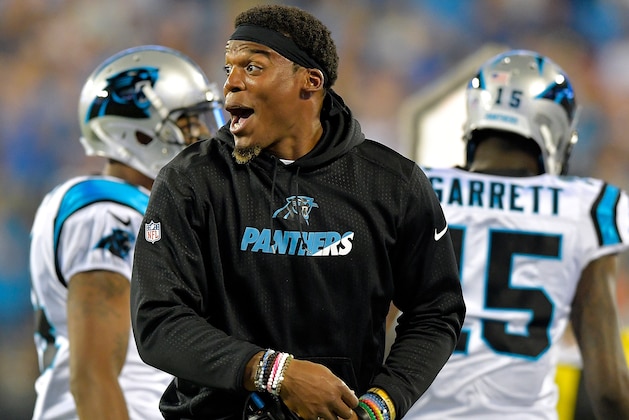 CHARLOTTE, NC - AUGUST 09:  Cam Newton #1 of the Carolina Panthers reacts after a touchdown against the Houston Texans during their preseason game at Bank of America Stadium on August 9, 2017 in Charlotte, North Carolina.  (Photo by Grant Halverson/Getty Images)