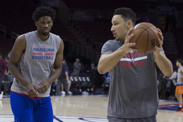 PHILADELPHIA, PA - JANUARY 11: Ben Simmons #25 of the Philadelphia 76ers warms up with Joel Embiid #21 prior to the game against the New York Knicks at the Wells Fargo Center on January 11, 2017 in Philadelphia, Pennsylvania. NOTE TO USER: User expressly acknowledges and agrees that, by downloading and or using this photograph, User is consenting to the terms and conditions of the Getty Images License Agreement. (Photo by Mitchell Leff/Getty Images)