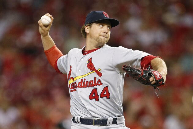 St. Louis Cardinals relief pitcher Trevor Rosenthal (44) throws against the Cincinnati Reds during the ninth inning of a baseball game, Saturday, Aug. 5, 2017, in Cincinnati. (AP Photo/Gary Landers)