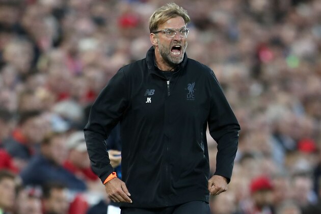 LIVERPOOL, ENGLAND - AUGUST 23:  Jurgen Klopp, Manager of Liverpool reacts during the UEFA Champions League Qualifying Play-Offs round second leg match between Liverpool FC and 1899 Hoffenheim at Anfield on August 23, 2017 in Liverpool, United Kingdom.  (Photo by Mark Robinson/Getty Images)