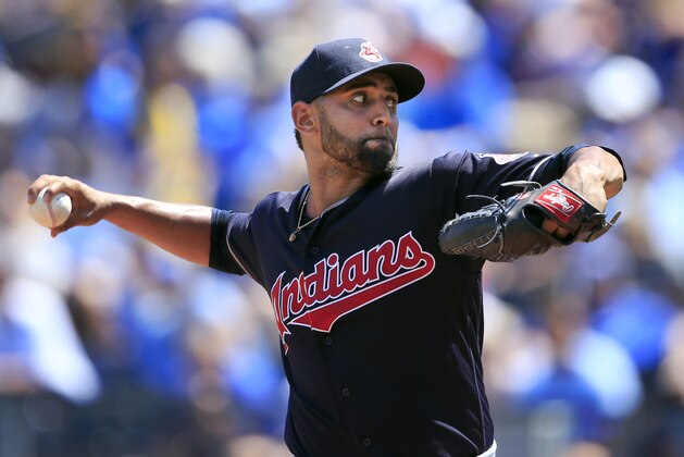 File-This Aug. 20, 2017, file photo shows Cleveland Indians starting pitcher Danny Salazar delivering to a Kansas City Royals batter during the first inning of a baseball game at Kauffman Stadium in Kansas City, Mo.  Cleveland placed Salazar on the 10-day DL with elbow inflammation. (AP Photo/Orlin Wagner, File)